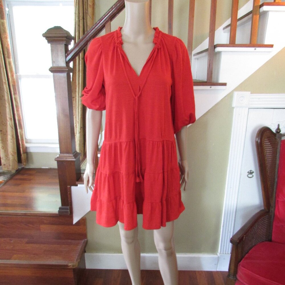 MAX STUDIO Women's Red Tunic Dress V-Neck 3/4 Balloon Sleeve Small
